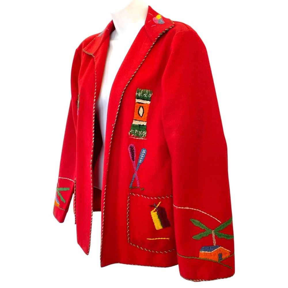 Vintage 40s 50s Mexican Wool Felt Jacket Red Embroidered Womens S - Picture 4 of 10